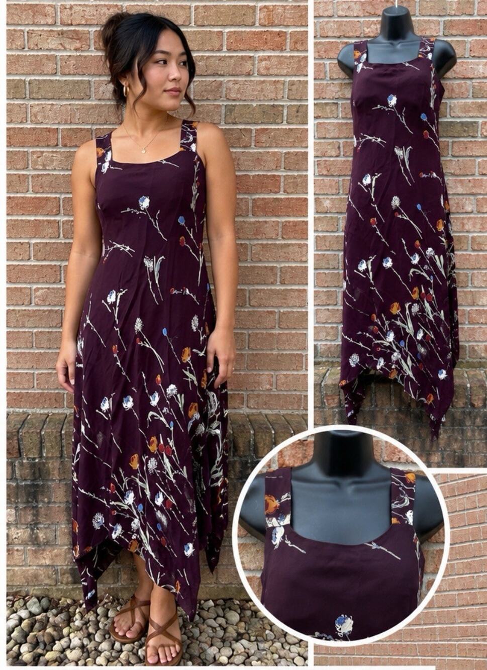 Y2K Indie 00s Cleo Handkerchief Hem Floral Sundress Sz 10 Plum Purple Boho Midi